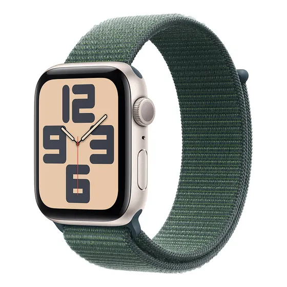 Imagem do produto Apple Watch SE GPS • Caixa estelar de alumínio – 44 mm • Pulseira loop esportiva verde-lago - Distribuidor Autorizado