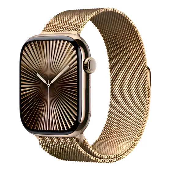 Imagem do produto Apple Watch Series 10 GPS + Cellular • Caixa dourada de titânio – 46 mm • Pulseira dourada estilo milanês M/G - Distribuidor Autorizado