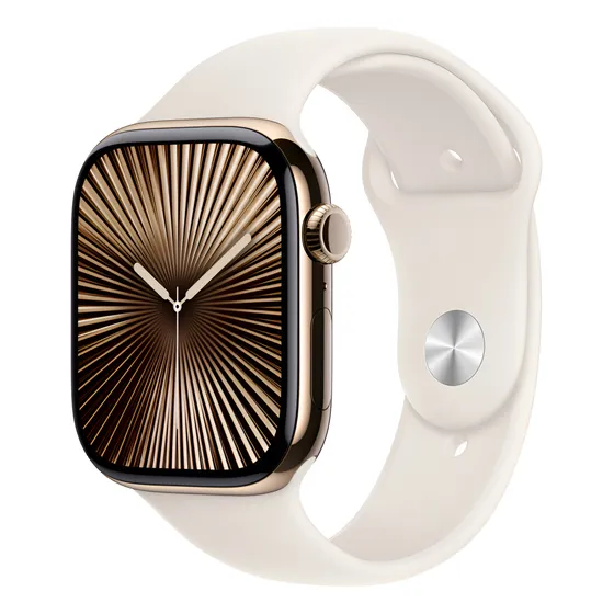 Imagem do produto Apple Watch Series 10 GPS + Cellular • Caixa dourada de titânio – 46 mm • Pulseira esportiva estelar – P/M - Distribuidor Autorizado