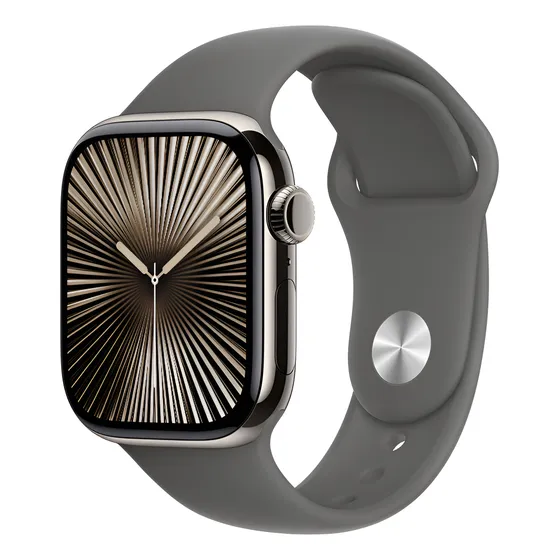Imagem do produto Apple Watch Series 10 GPS + Cellular • Caixa natural de titânio – 42 mm • Pulseira esportiva cinza-pedra – M/G - Distribuidor Autorizado