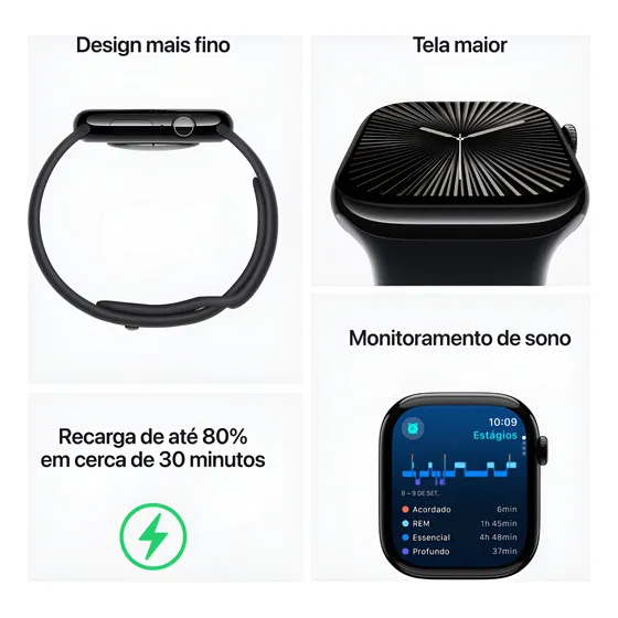 Imagem do produto Apple Watch Series 10 GPS + Cellular • Caixa preta brilhante de alumínio – 46 mm • Pulseira esportiva preta – M/G - Distribuidor Autorizado