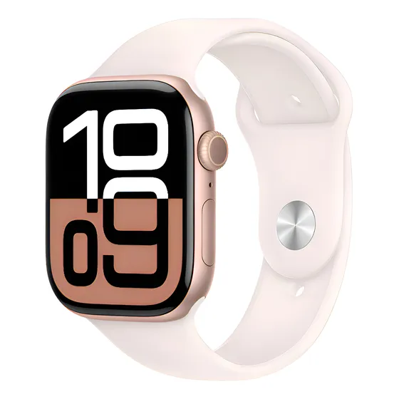 Imagem do produto Apple Watch Series 10 GPS • Caixa cor de ouro rosa de alumínio – 46 mm • Pulseira esportiva blush-clara – M/G - Distribuidor Autorizado