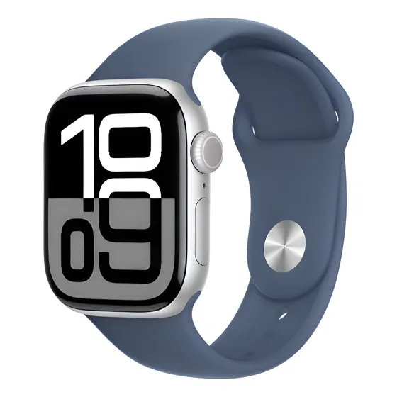 Imagem do produto Apple Watch Series 10 GPS • Caixa prateada de alumínio – 42 mm • Pulseira esportiva denim M/G - Distribuidor Autorizado