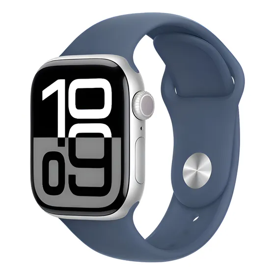 Imagem do produto Apple Watch Series 10 GPS • Caixa prateada de alumínio – 42 mm • Pulseira esportiva denim P/M - Distribuidor Autorizado