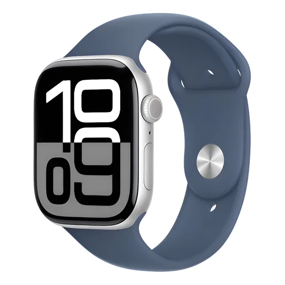 Imagem do produto Apple Watch Series 10 GPS • Caixa prateada de alumínio – 46 mm • Pulseira esportiva denim M/G - Distribuidor Autorizado