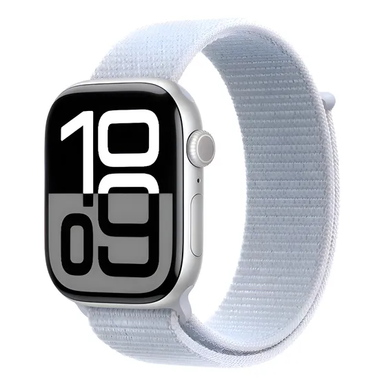 Imagem do produto Apple Watch Series 10 GPS • Caixa prateada de alumínio – 46 mm • Pulseira loop esportiva nuvem azul - Distribuidor Autorizado