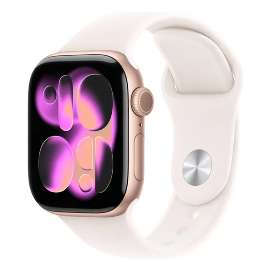 Imagem do produto Apple Watch Series 11 GPS - Caixa cor de ouro rosa de alumínio – 42 mm - Pulseira esportiva blush-clara – M/G - Distribuidor Autorizado