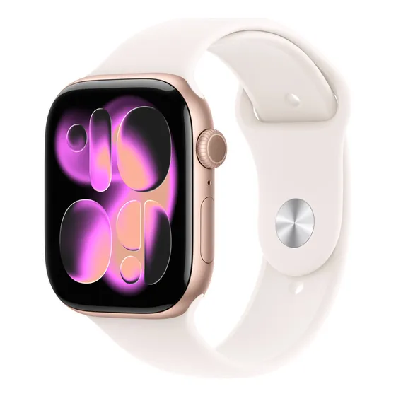 Imagem do produto Apple Watch Series 11 GPS - Caixa cor de ouro rosa de alumínio – 46 mm - Pulseira esportiva blush-clara – P/M - Distribuidor Autorizado