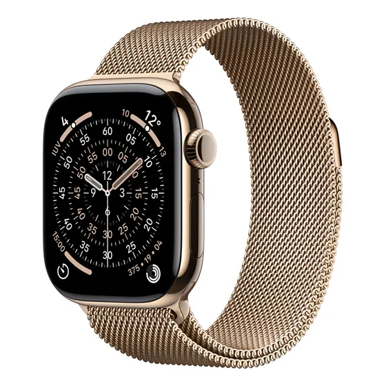 Imagem do produto Apple Watch Series 11 GPS + Cellular - Caixa dourada de titânio – 42 mm - Pulseira dourada estilo milanês