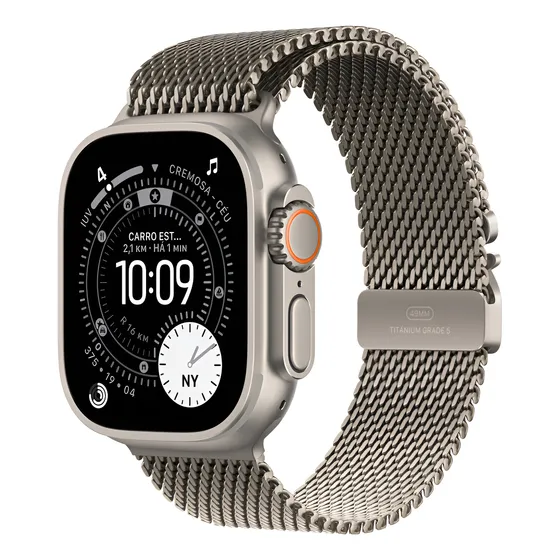 Imagem do produto Apple Watch Ultra 3 GPS + Cellular • Caixa natural de titânio – 49 mm • Pulseira natural estilo milanês de titânio – P - Distribuidor Autorizado