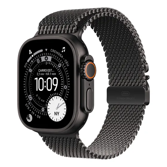 Imagem do produto Apple Watch Ultra 3 GPS + Cellular • Caixa preta de titânio – 49 mm • Pulseira preta estilo milanês de titânio – P - Distribuidor Autorizado