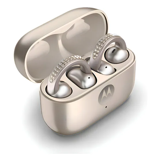 Imagem do produto Fone de ouvido Sem Fio Motorola Moto Buds Loop Crystals by Swarovski cor Pantone French Oak - Sound by Bose, Bluetooth, uso confortável com clipe, open-ear, OWS