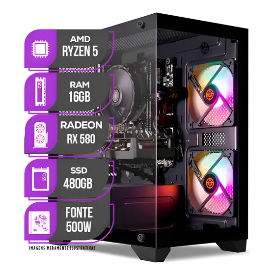 Imagem do produto Pc Gamer Mancer, Amd Ryzen 5, Rx 580, 16gb Ddr4, Ssd 480gb 16 Gb