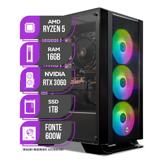 Imagem do produto Pc Gamer Mancer, Ryzen 5, Rtx 3060, 16gb Ddr4, Ssd 1tb 16 Gb